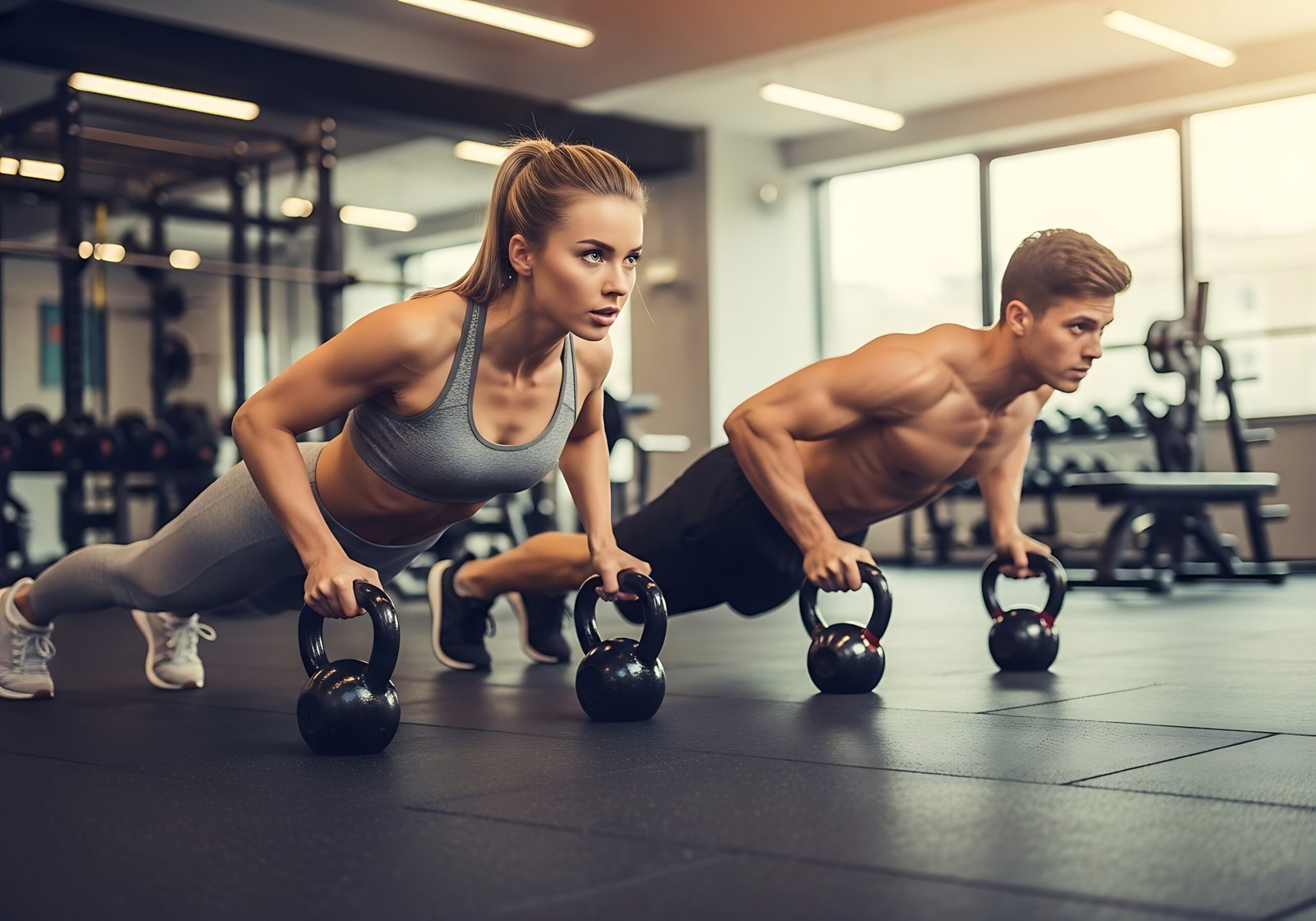 fit couple engages in intense kettlebell push up workout together in a modern gym setting