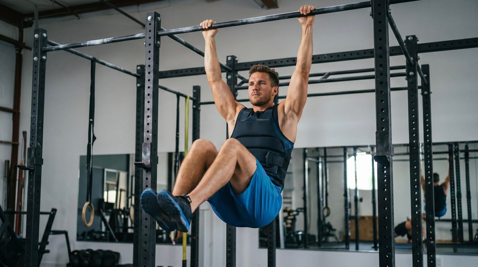 A hanging knee raise exercise being performed to improve lower abdominal strength