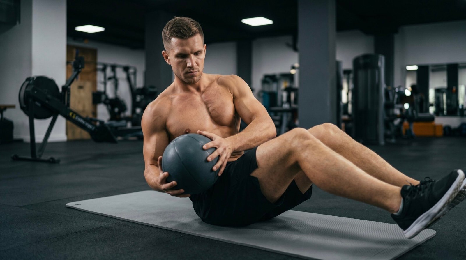 A fitness trainer executing Russian twists to build rotational core strength