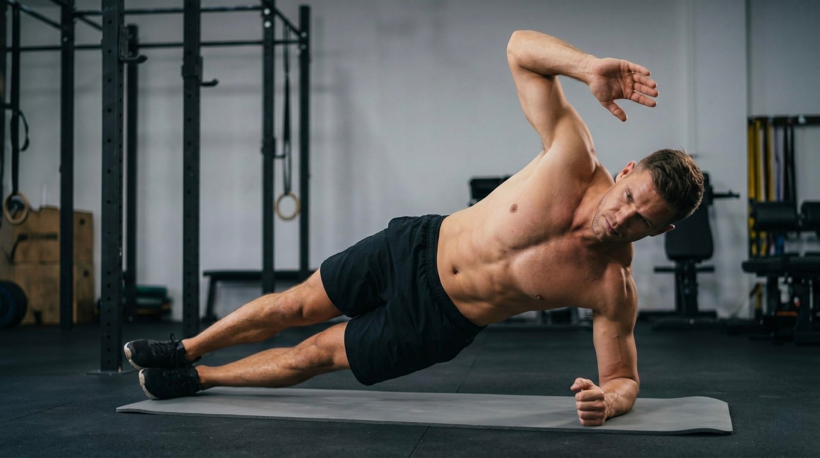 A side plank with rotation exercise to strengthen obliques and improve core stability