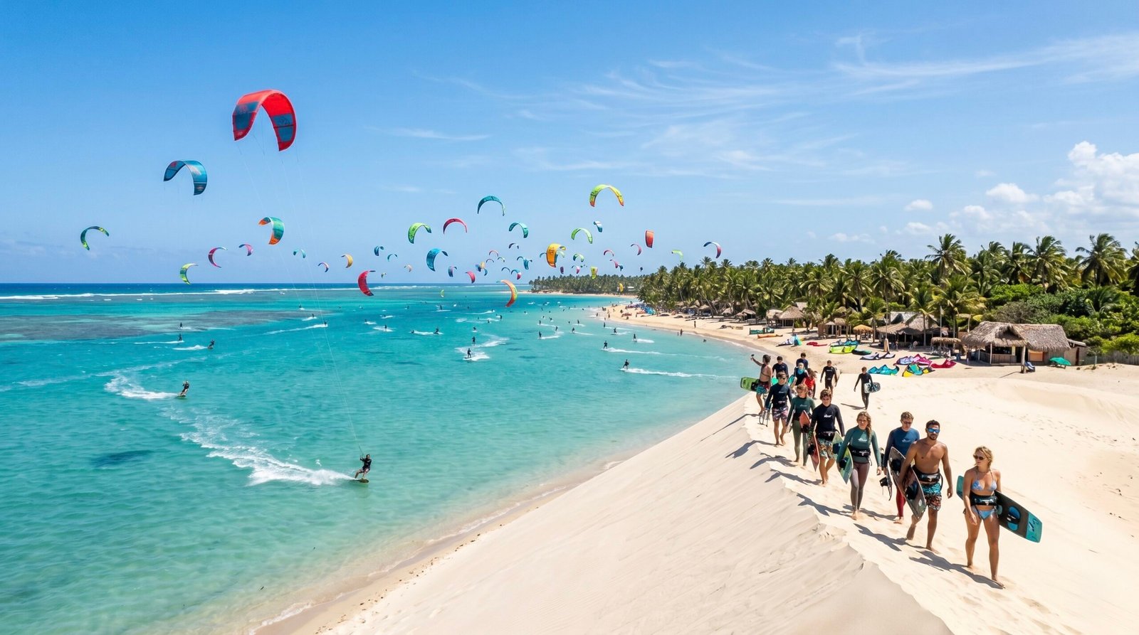 Dozens of colorful kites riding in the flat water of Kite Beach during a session of kitesurfing in Cabarete