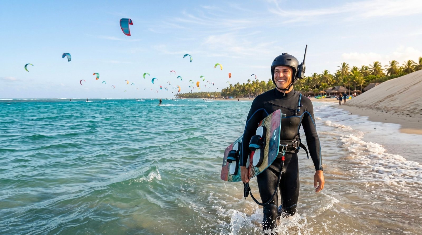 A beginner receiving real-time coaching from one of the certified Cabarete kite schools on the beach