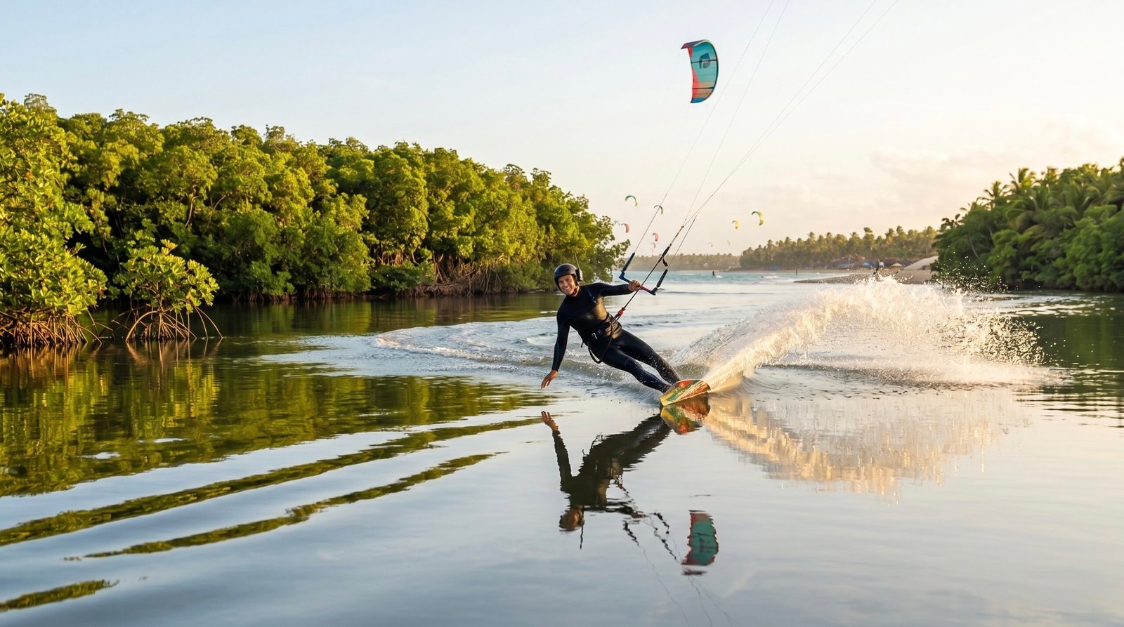 A kitesurfer enjoying a high-speed flat-water session at the famous La Boca river spot in Cabarete