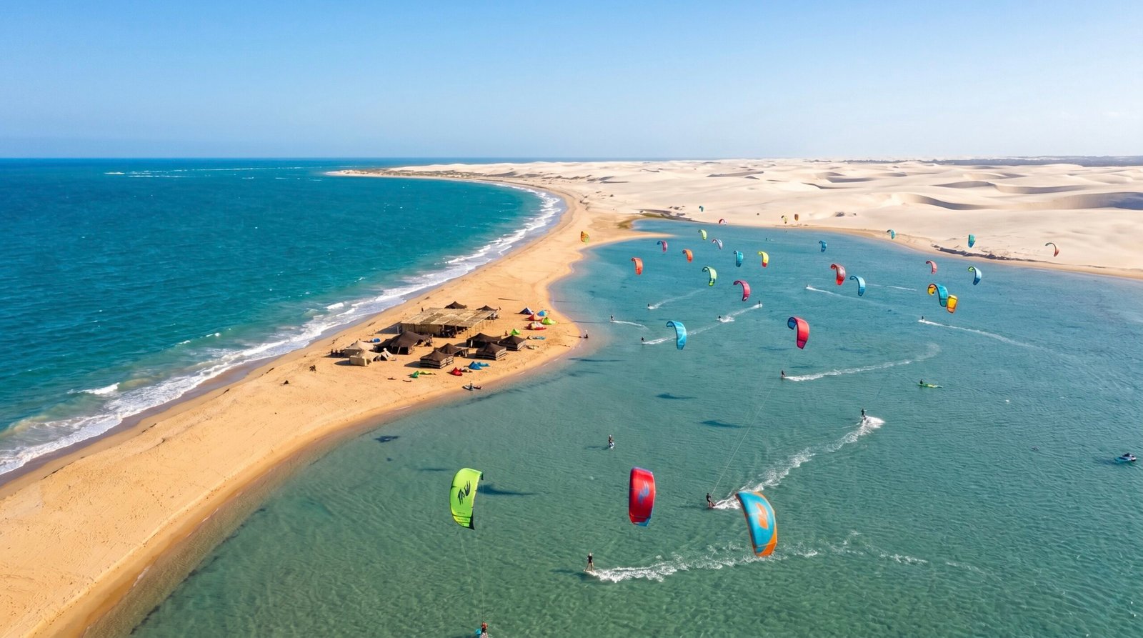 Aerial view of kitesurfers enjoying flat-water riding at Cauipe Lagoon near Cumbuco, Brazil