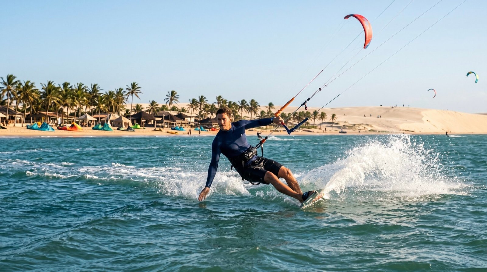 A kitesurfer riding on the warm ocean waters in front of the village of Cumbuco
