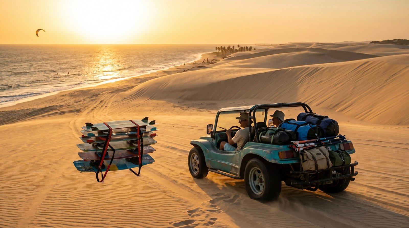 A local dune buggy transporting kitesurfers and gear along the coastline of Ceará, Brazil