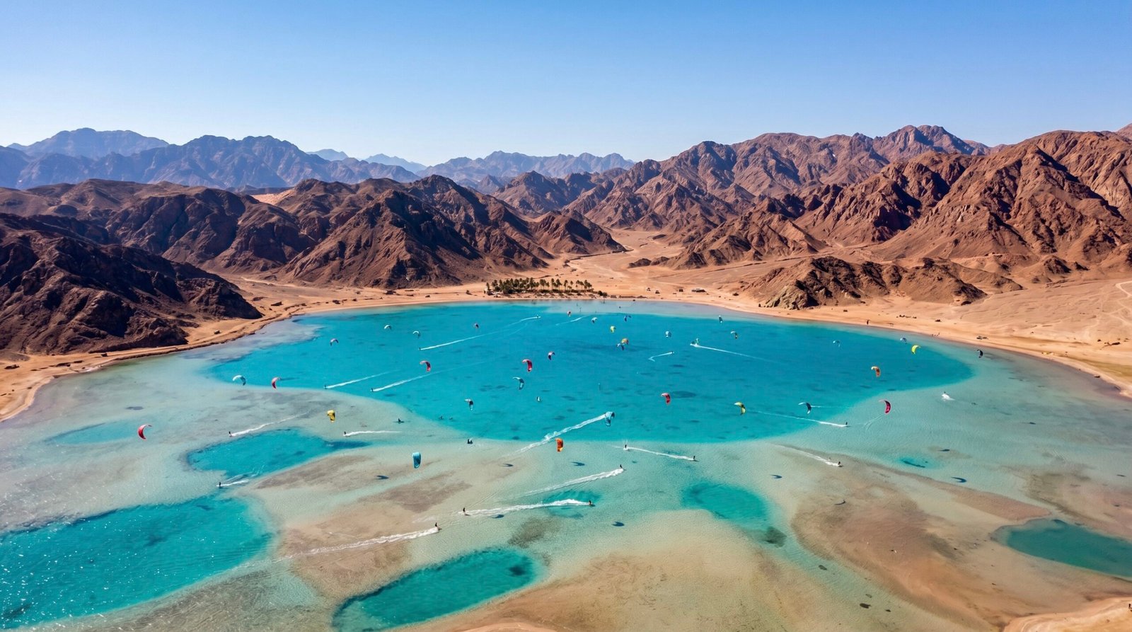 Panoramic view of the flat-water Blue Lagoon during a session of kitesurfing in Dahab, Egypt