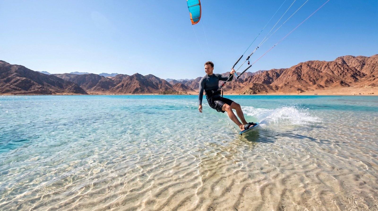 A beginner kitesurfer practicing board starts in the shallow sand-bottom waters of Dahab