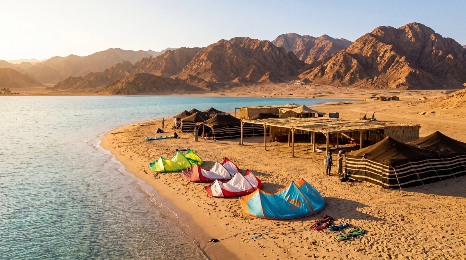 Traditional Bedouin camp set up next to the kitesurfing launch area in the Dahab desert