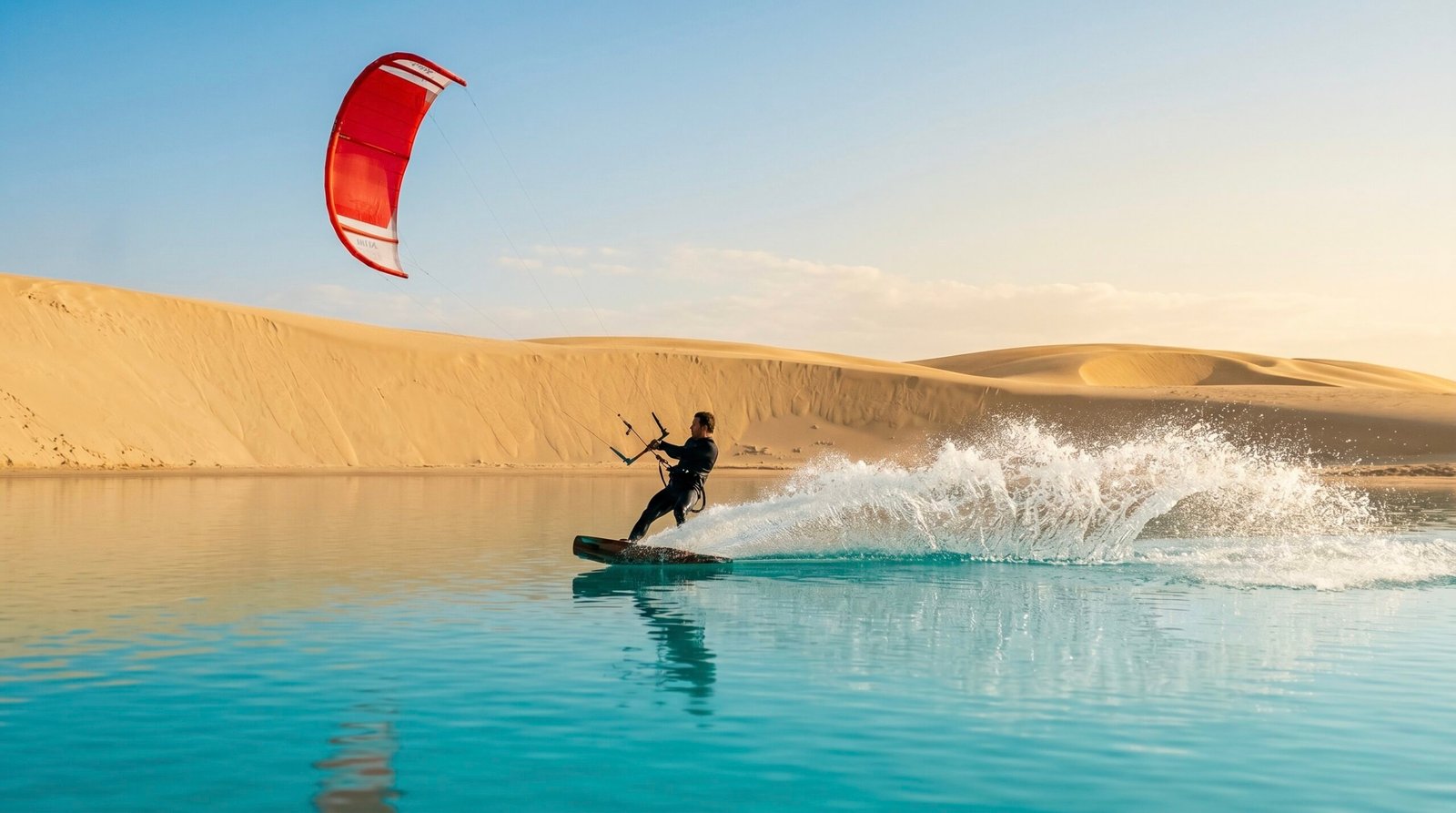 A kitesurfer enjoying a flat-water session at the famous Speed Spot in Dakhla, Morocco