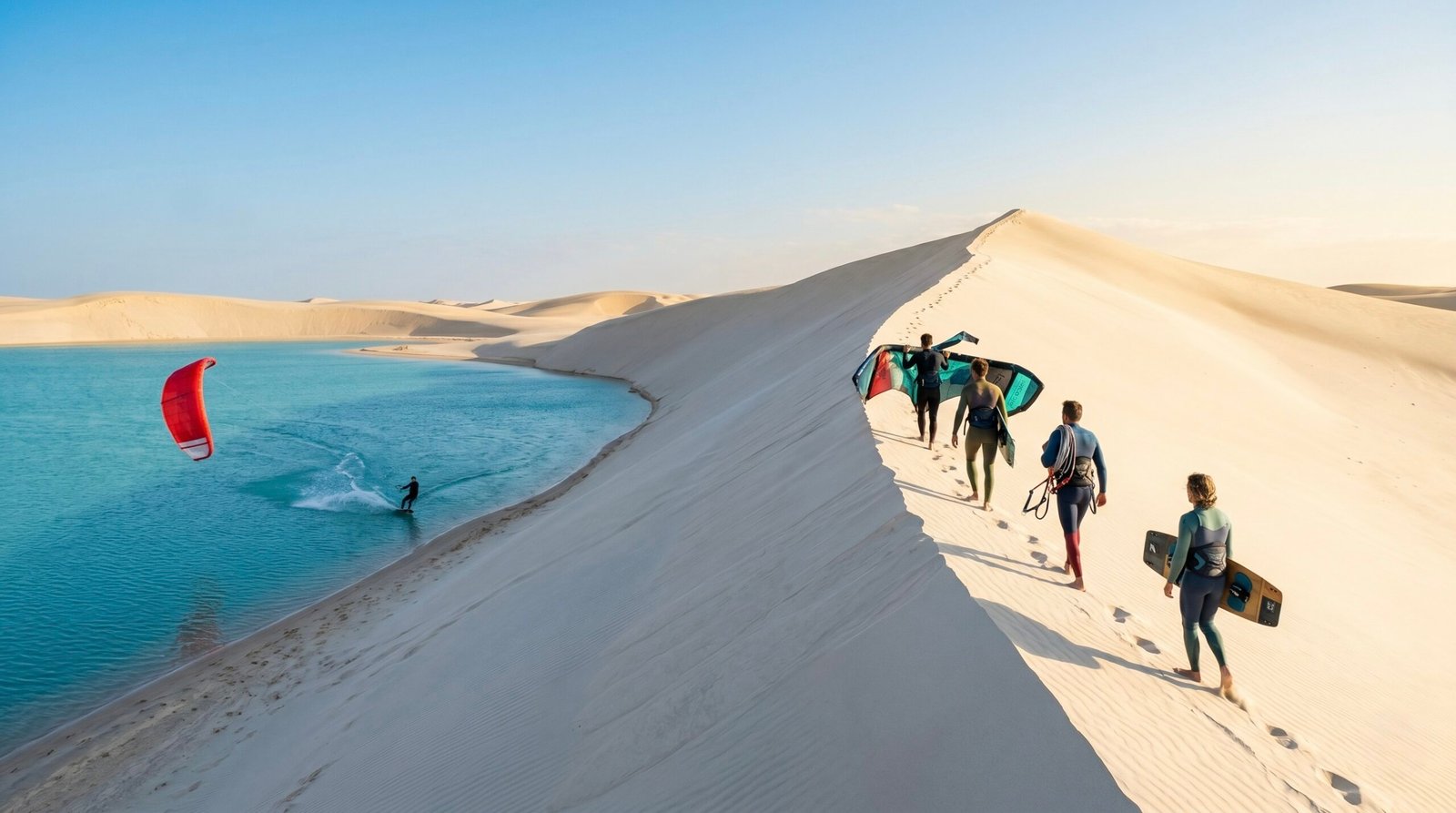 Kitesurfers launching and riding near the iconic Dune Blanche in Dakhla during a desert downwinder