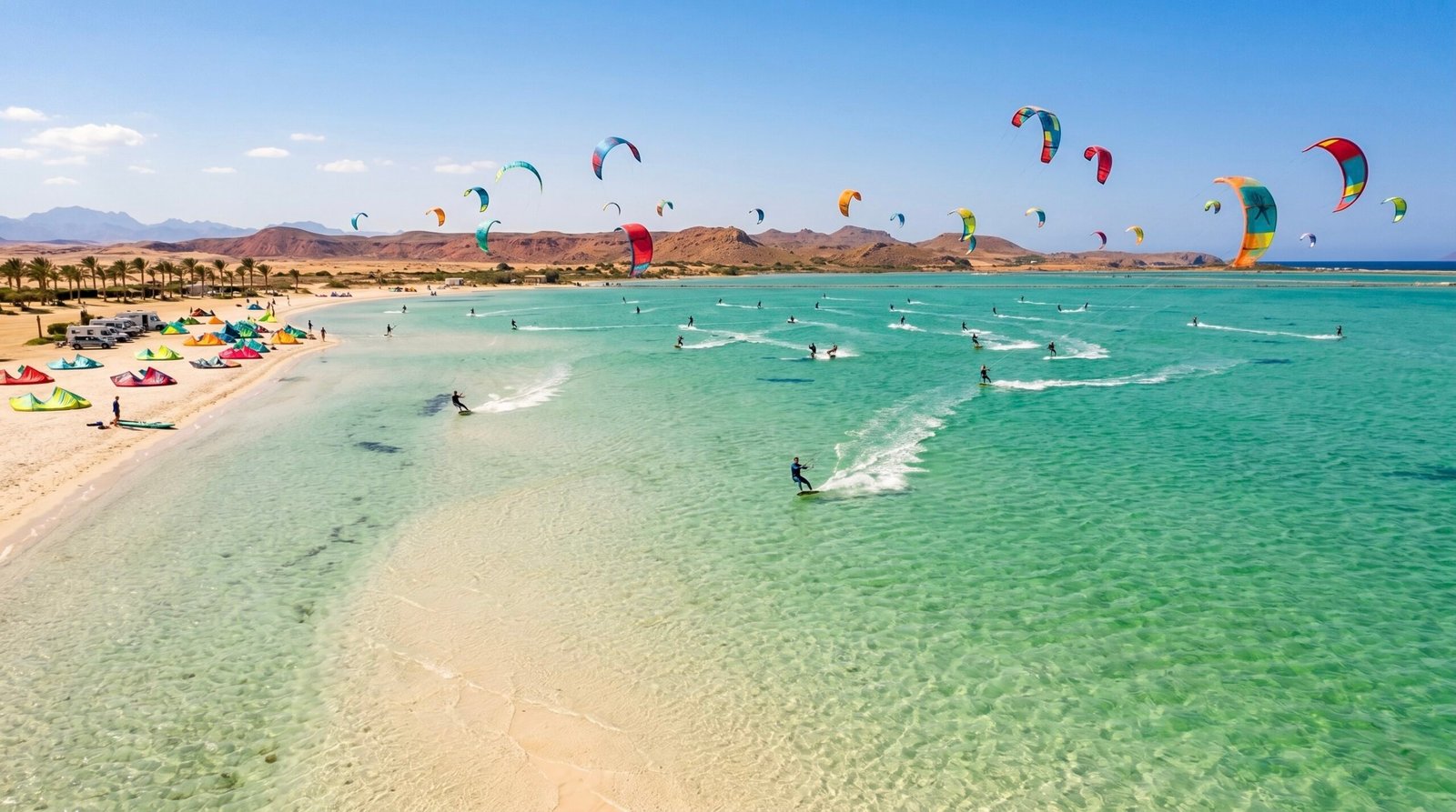 Dozens of kiters enjoying a sunny session of kitesurfing in El Gouna at Mangroovy Beach