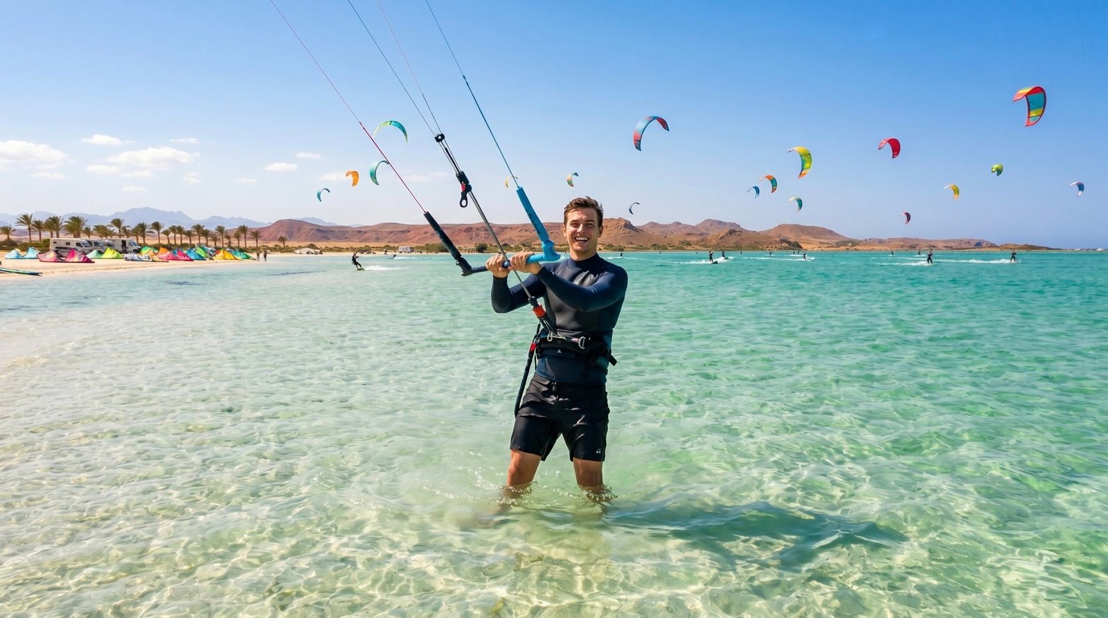 A student taking a lesson in the safe, shallow waters of one of the El Gouna kite schools