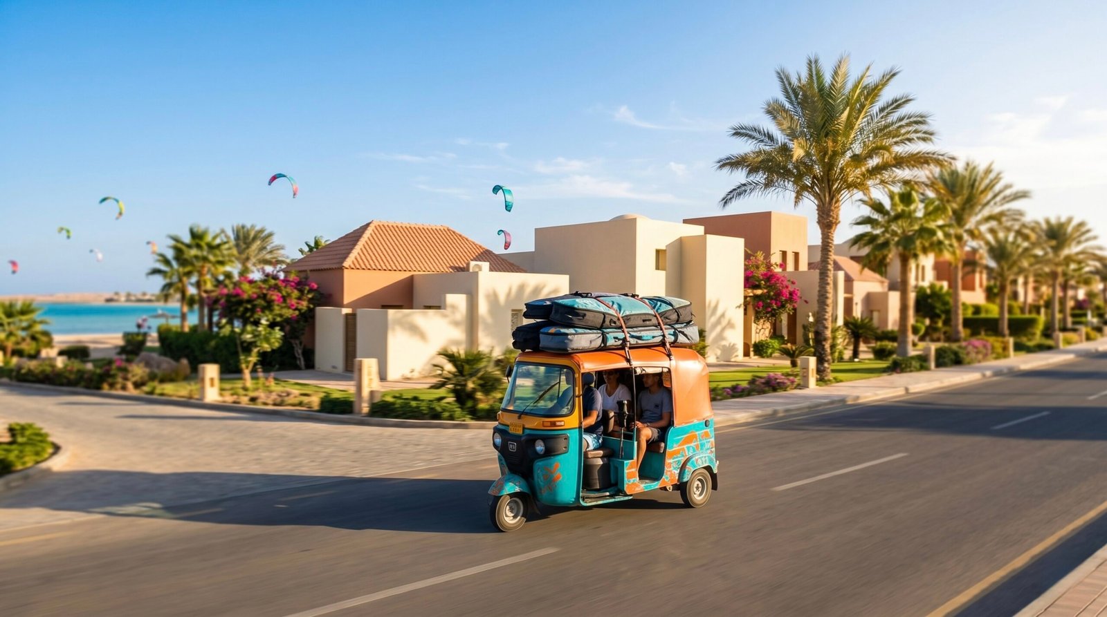 A convenient tuk-tuk taxi transporting kitesurfing gear to the beach in El Gouna, Egypt