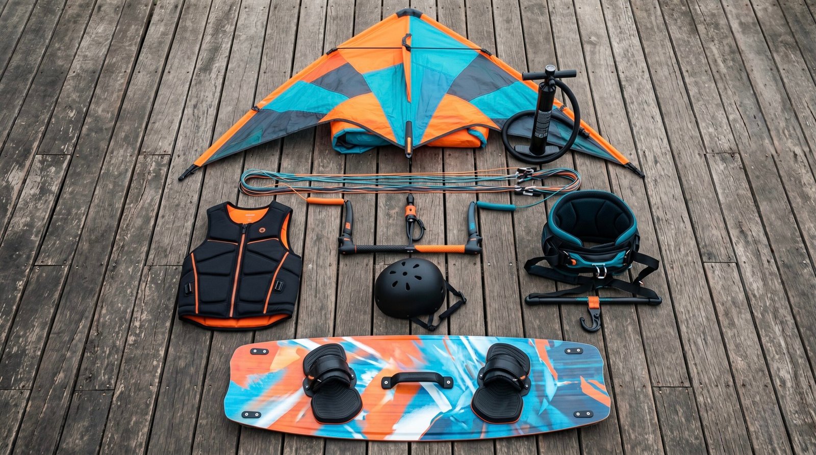 A complete beginner kitesurfing gear package laid out neatly on a wooden deck