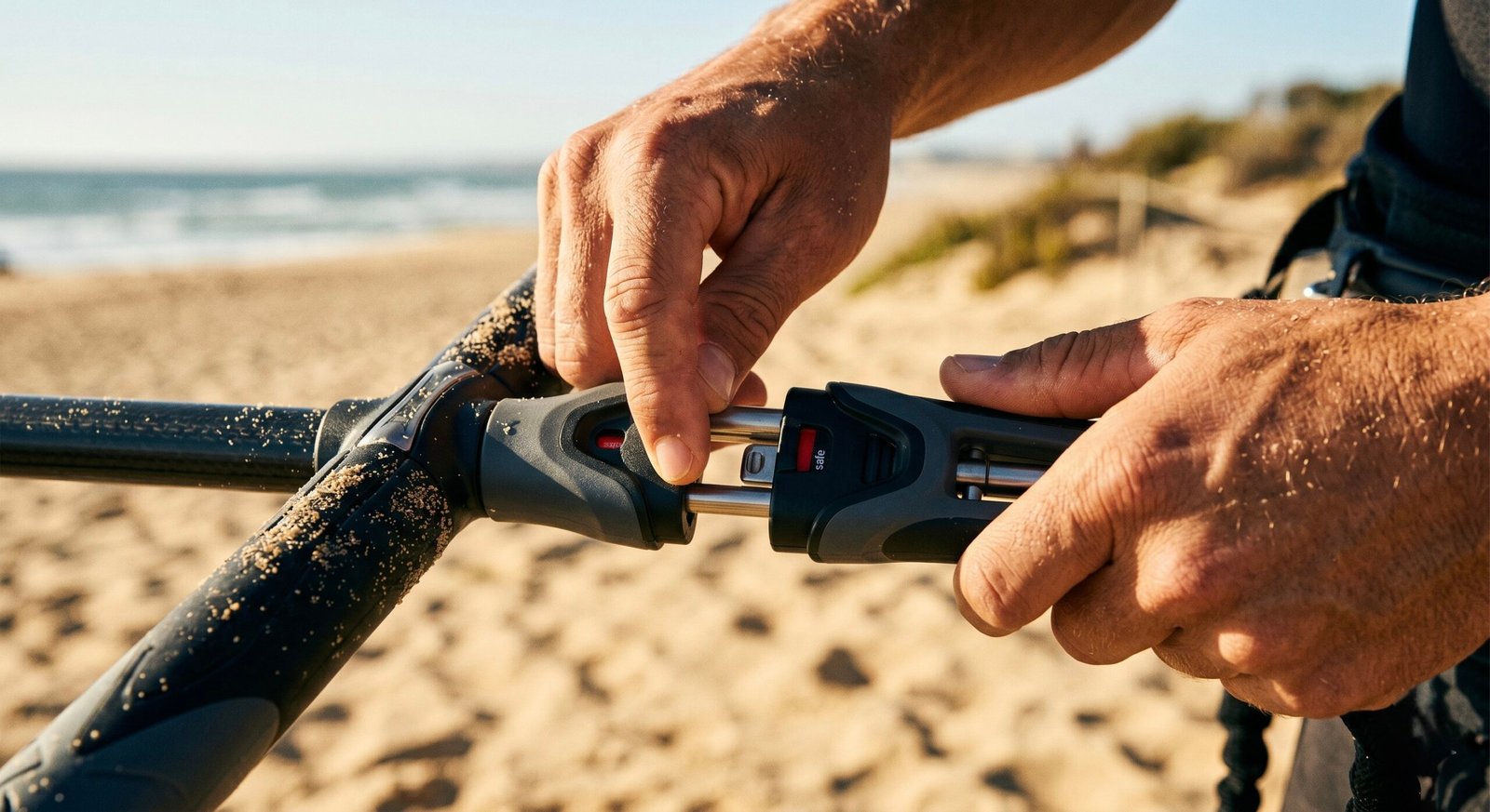 A kitesurfer demonstrating the easy click-in quick release safety system on a modern control bar