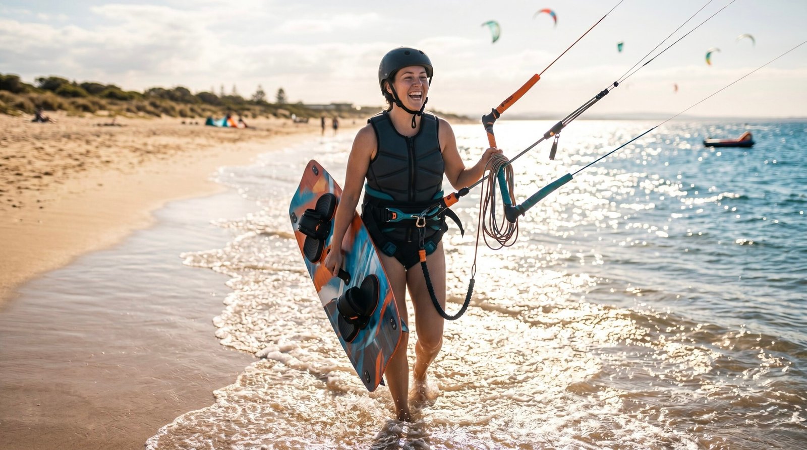 A prepared kitesurfer wearing essential safety gear heading out for a session