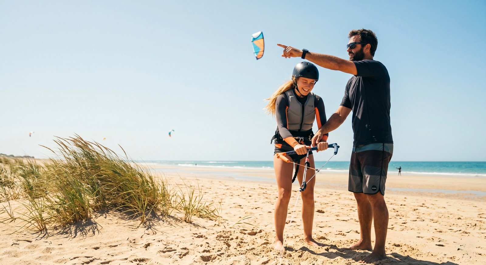 A beginner learning basic kite control with an instructor during a first kitesurfing lesson