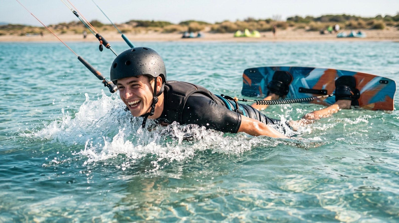 A student practicing body dragging during their first kitesurfing lesson to learn board recovery
