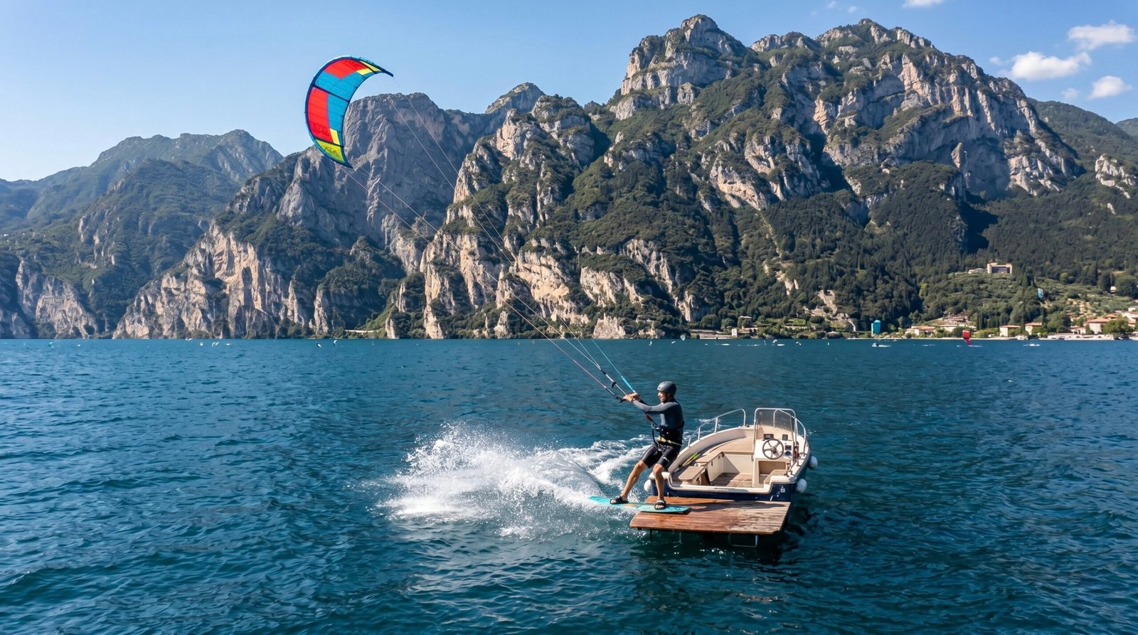 A kitesurfer getting a boat-supported lift session in the middle of Lake Garda, Italy