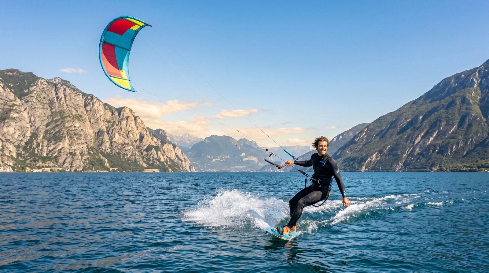 A happy kitesurfer enjoying a steady afternoon Ora wind session on Lake Garda