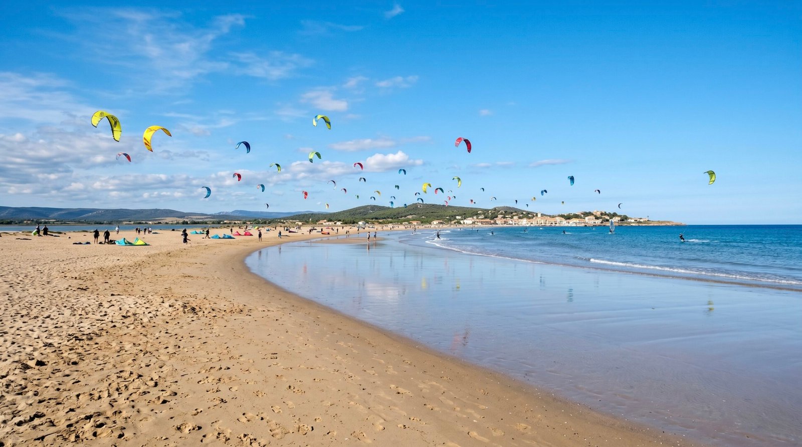 Kitesurfers enjoying a high-speed flat-water session at La Franqui during a day of kitesurfing in Leucate