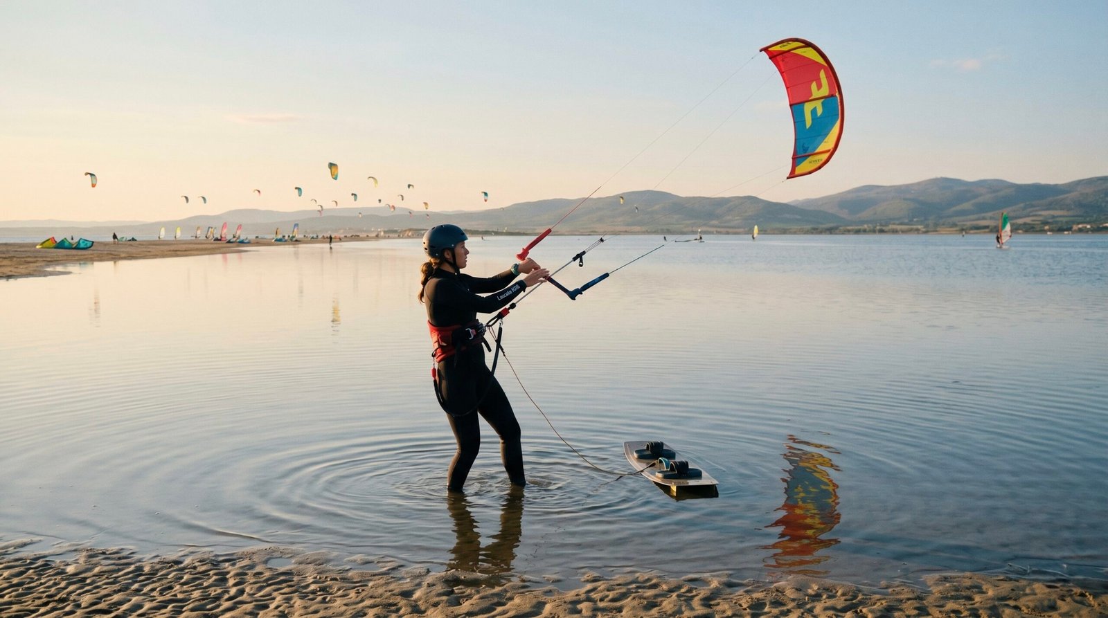 A beginner learning safety steps in the shallow waters of the Goulet spot in Leucate, France