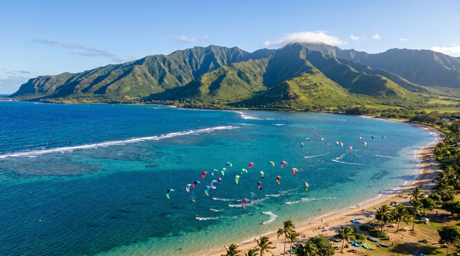 Kitesurfers enjoying the consistent trade winds at Kanaha Beach Park during a session of kitesurfing in Maui