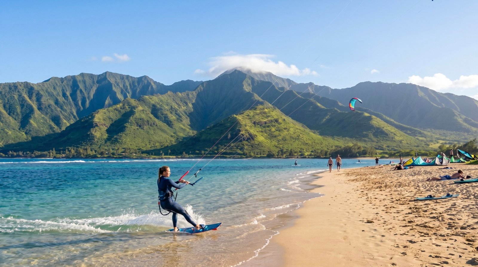 A kitesurfer riding parallel to the shore under the strict FAA height limits near Kite Beach in Maui