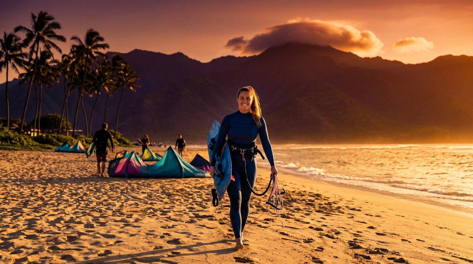 A happy kiter wrapping up a warm afternoon session on the North Shore of Maui, Hawaii