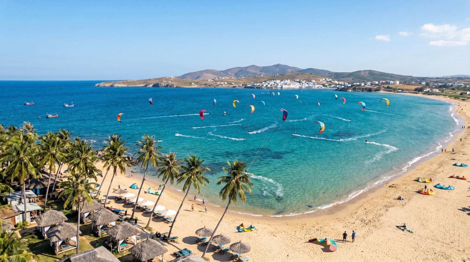 Dozens of kitesurfers enjoying a windy winter session of kitesurfing in Mui Ne, Vietnam