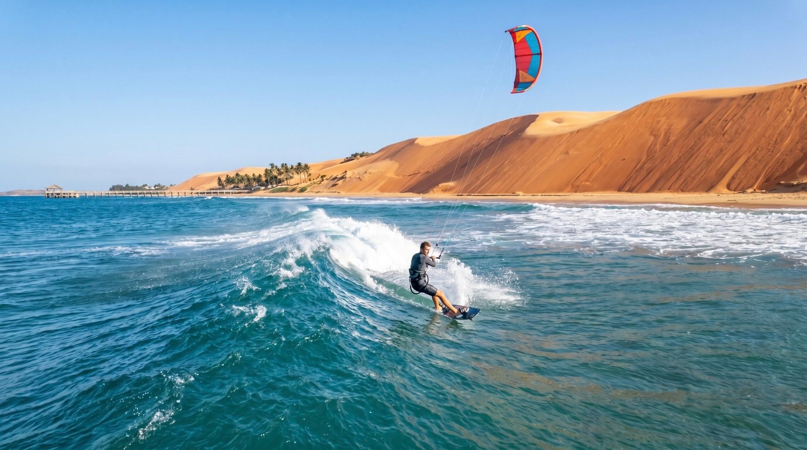 A kitesurfer riding waves in the cross-onshore wind at Malibu Beach near Mui Ne