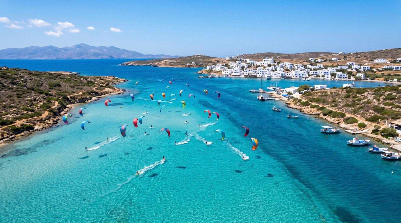 Dozens of colorful kites riding in the flat, crystal-clear waters of Pounda Beach during a session of kitesurfing in Paros