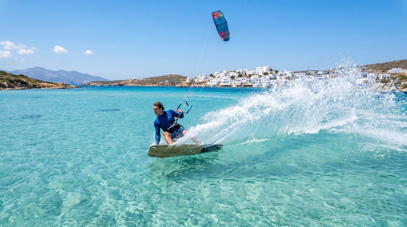 A kitesurfer enjoying a high-speed flat-water run in front of Pounda Beach, Paros