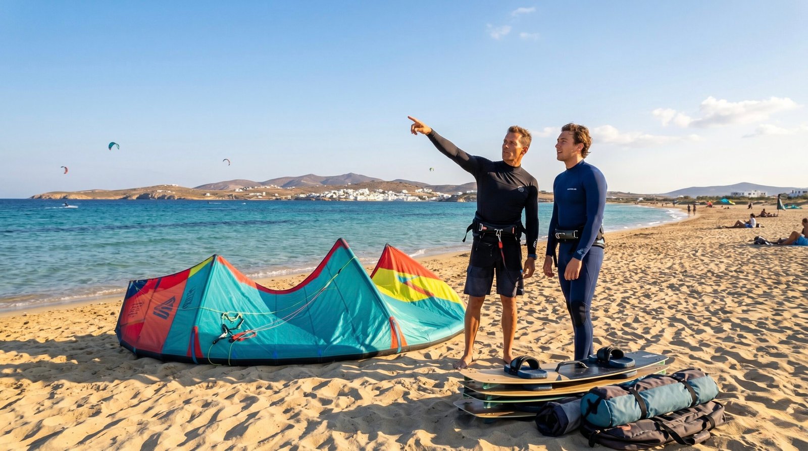 An instructor from one of the certified Paros kite schools explaining the wind window to a student on the sand