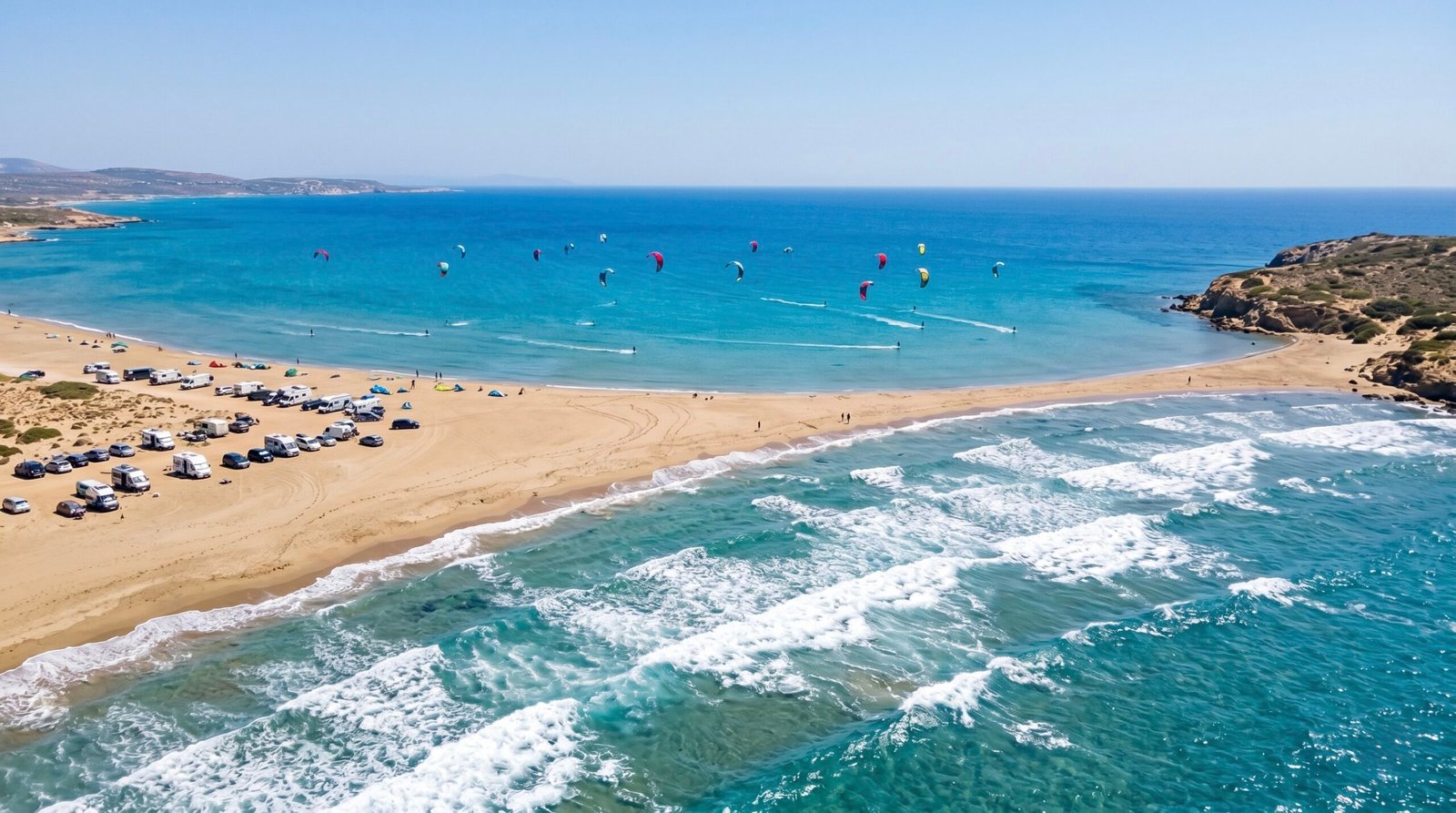 Aerial view of the unique dual-sided beach of Prasonisi during a session of kitesurfing in Rhodes
