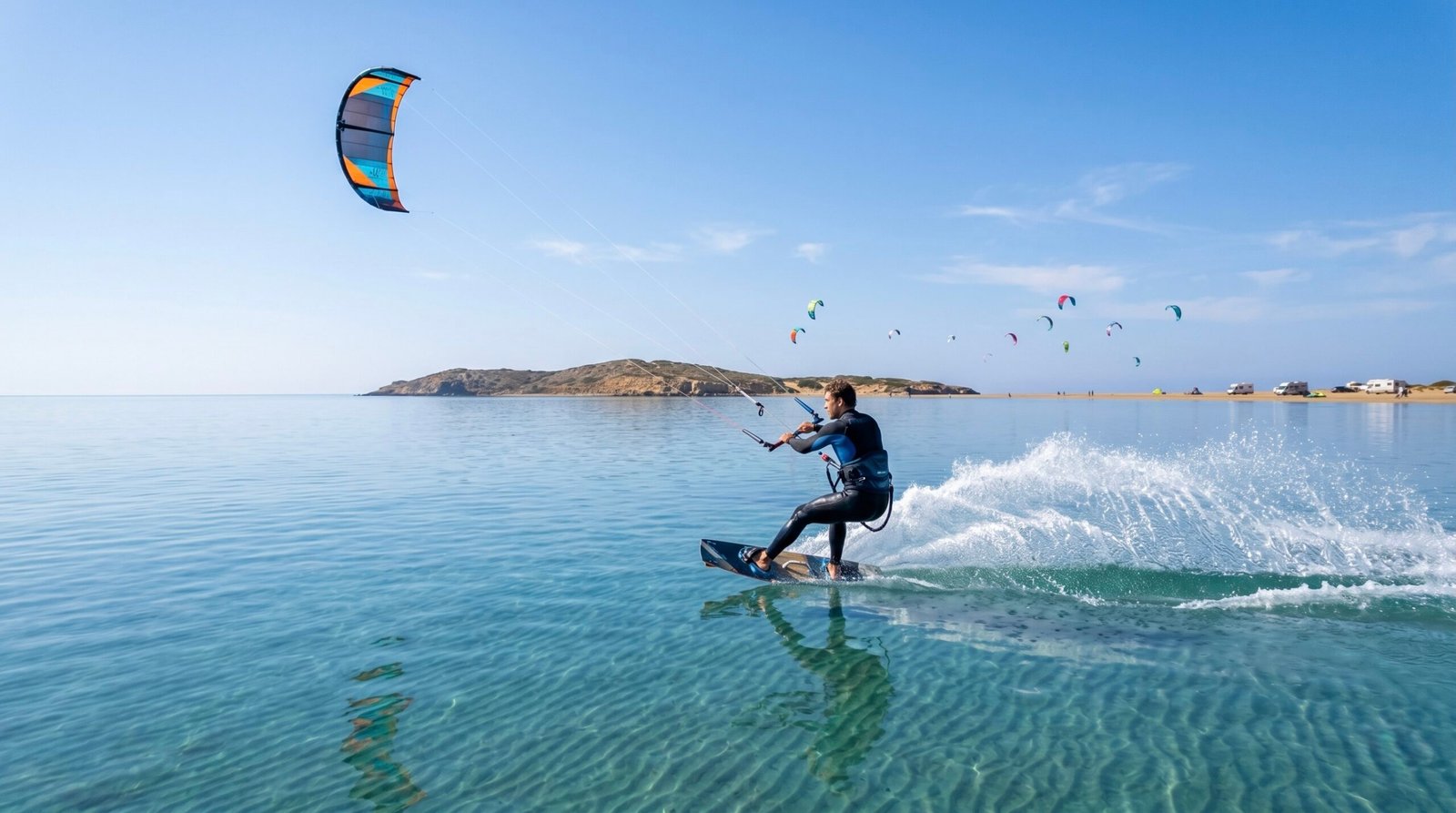 A kitesurfer enjoying the flat-water side of the Prasonisi sand spit in southern Rhodes