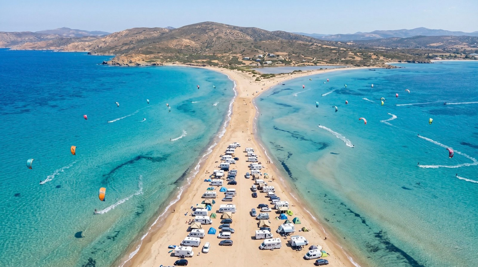 Aerial view of the unique double-sided Porto Pollo bay during a session of kitesurfing in Sardinia