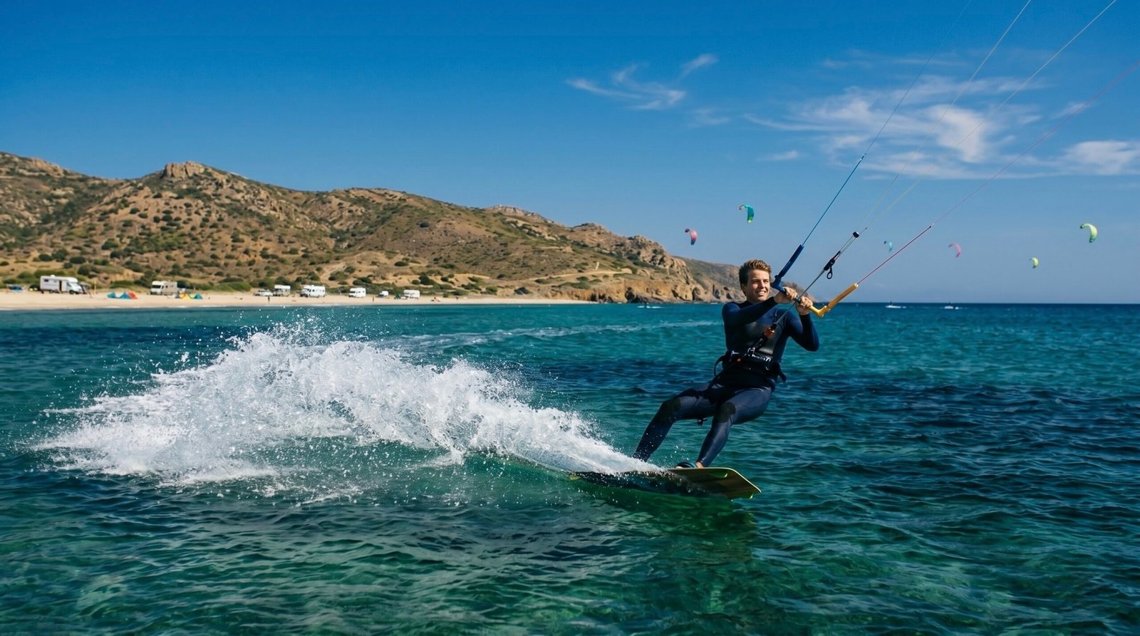 A kitesurfer enjoying a sunny freeride session in the clear waters of northern Sardinia
