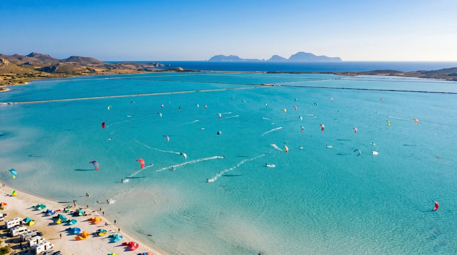 Aerial view of kitesurfers riding in the shallow, flat waters of Lo Stagnone Lagoon during a session of kitesurfing in Sicily