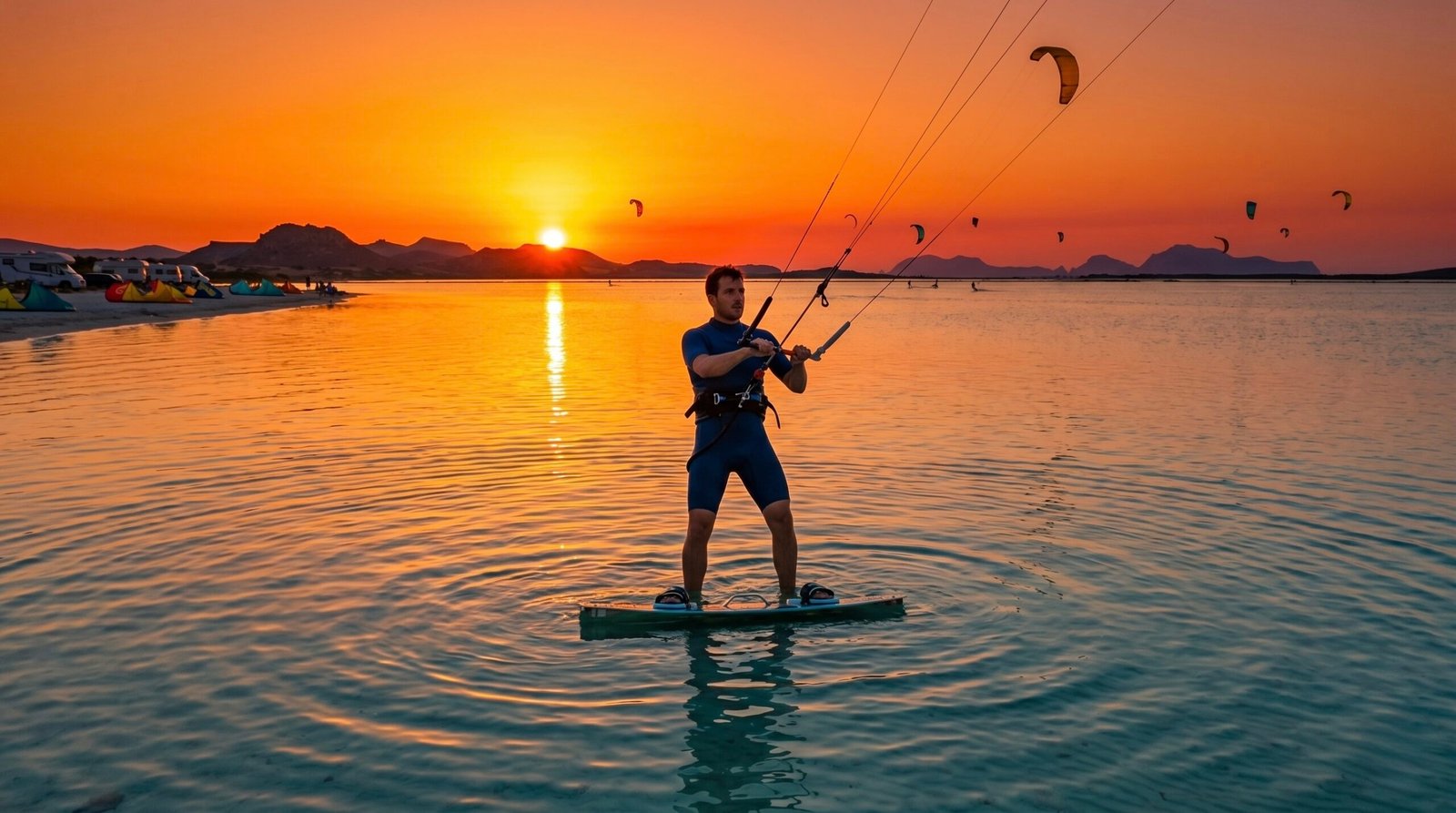 A student taking an evening kitesurfing lesson in the safe, warm waters of Lo Stagnone
