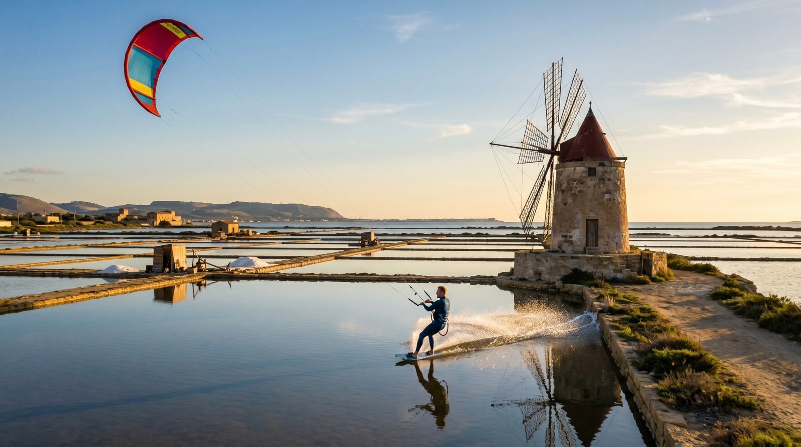 A kitesurfer cruising on flat water next to the famous windmills of Marsala, Sicily