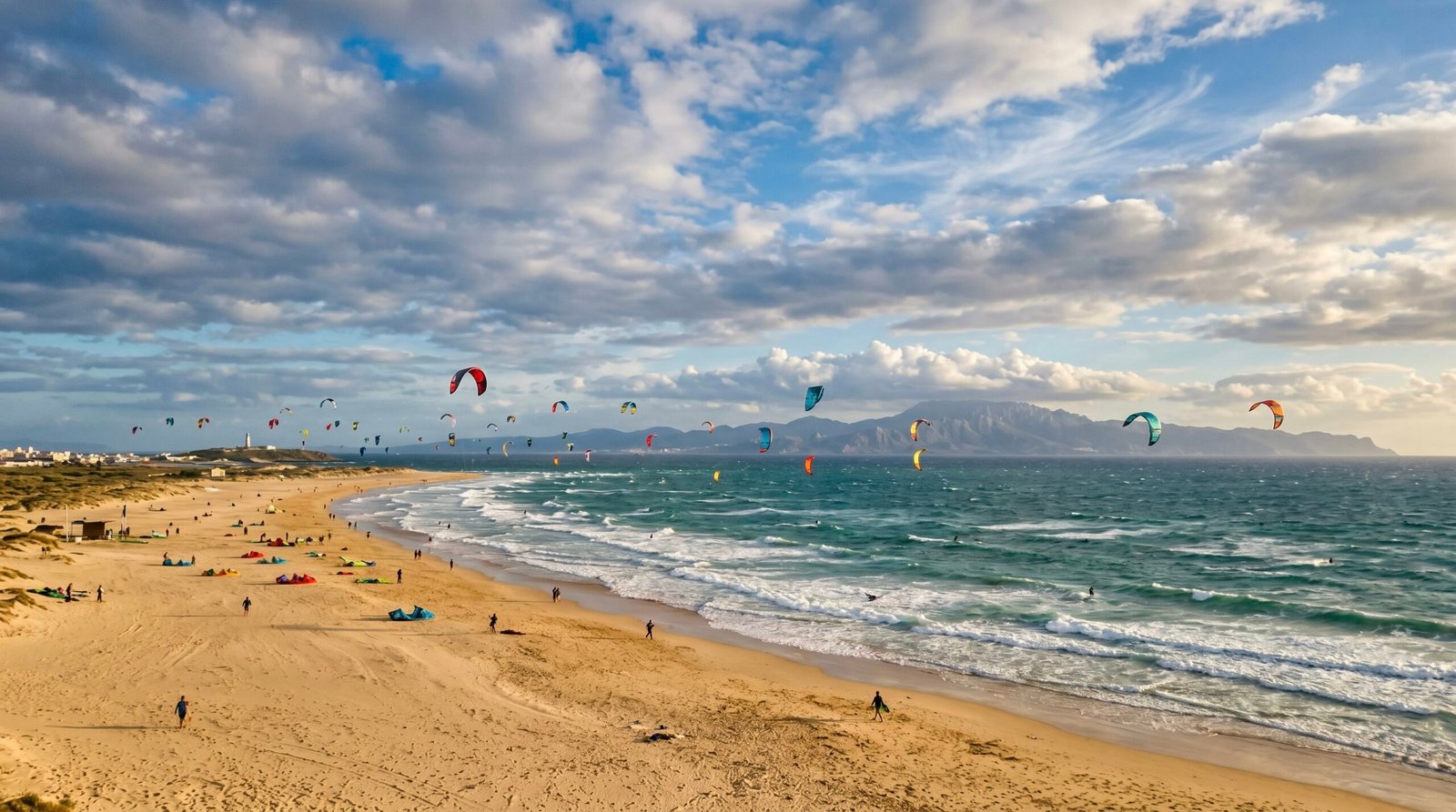 Colorful kites flying over Los Lances beach during a kitesurfing session in Tarifa, Spain
