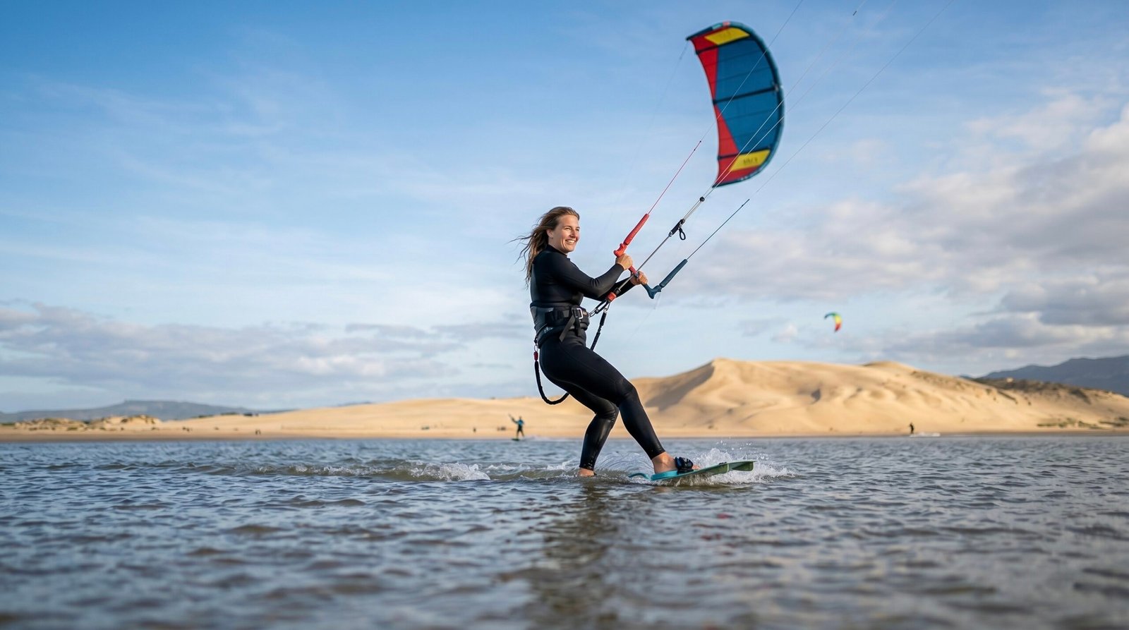 A beginner kitesurfer practicing a water start in the side-onshore Poniente wind in Tarifa