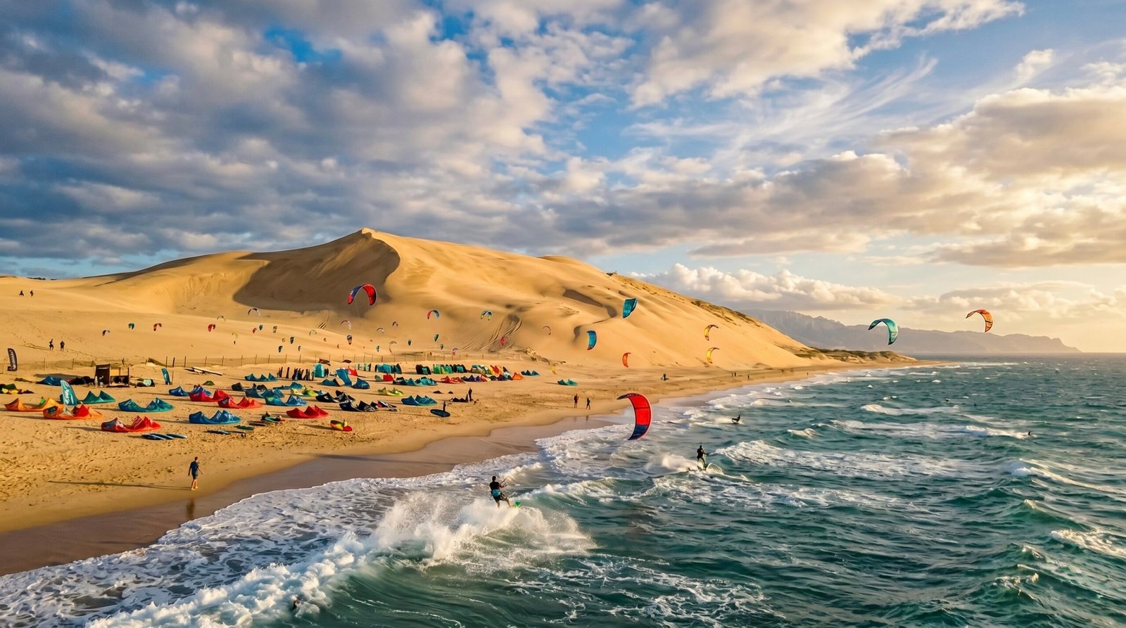 Kitesurfers riding the thermal winds at Valdevaqueros bay near the iconic sand dune in Tarifa