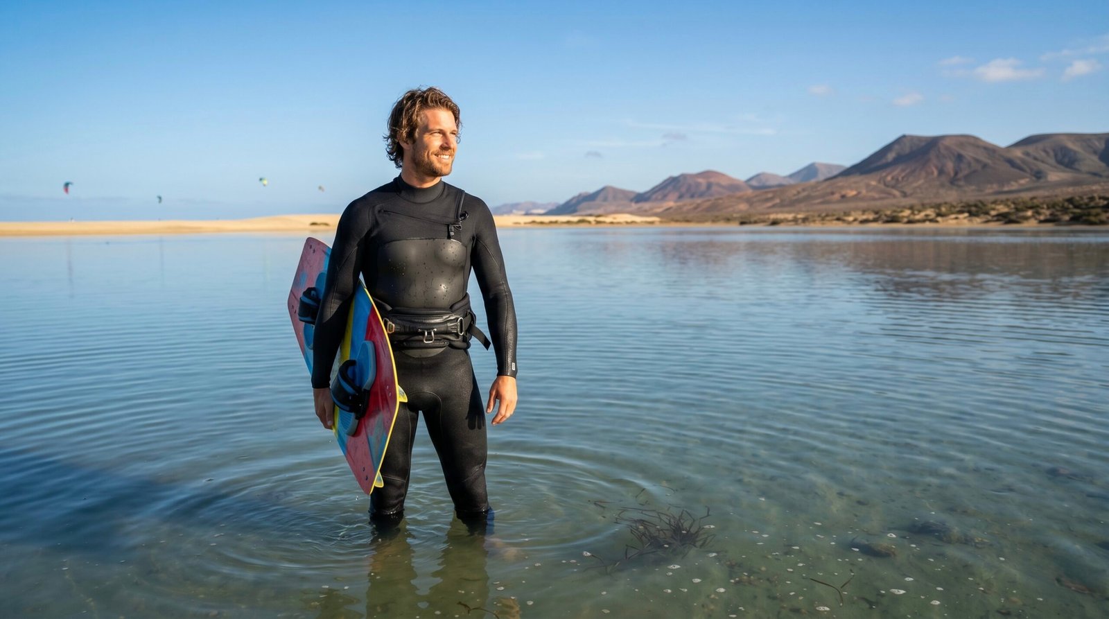 A kitesurfer enjoying the safe, shallow waters of the Sotavento tidal lagoon in Fuerteventura