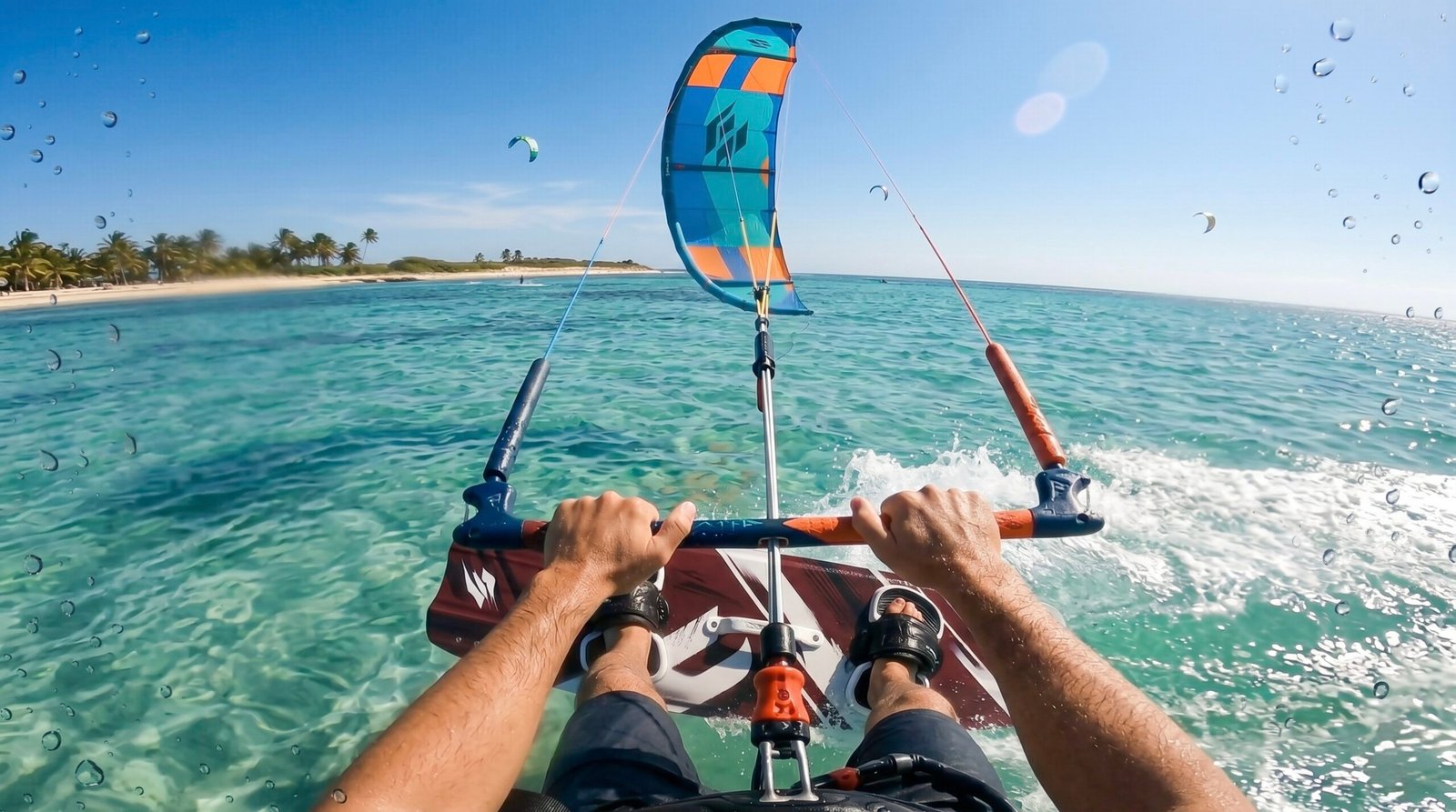 Immersive POV shot from a mouth mount showing a kitesurfer skimming across the water