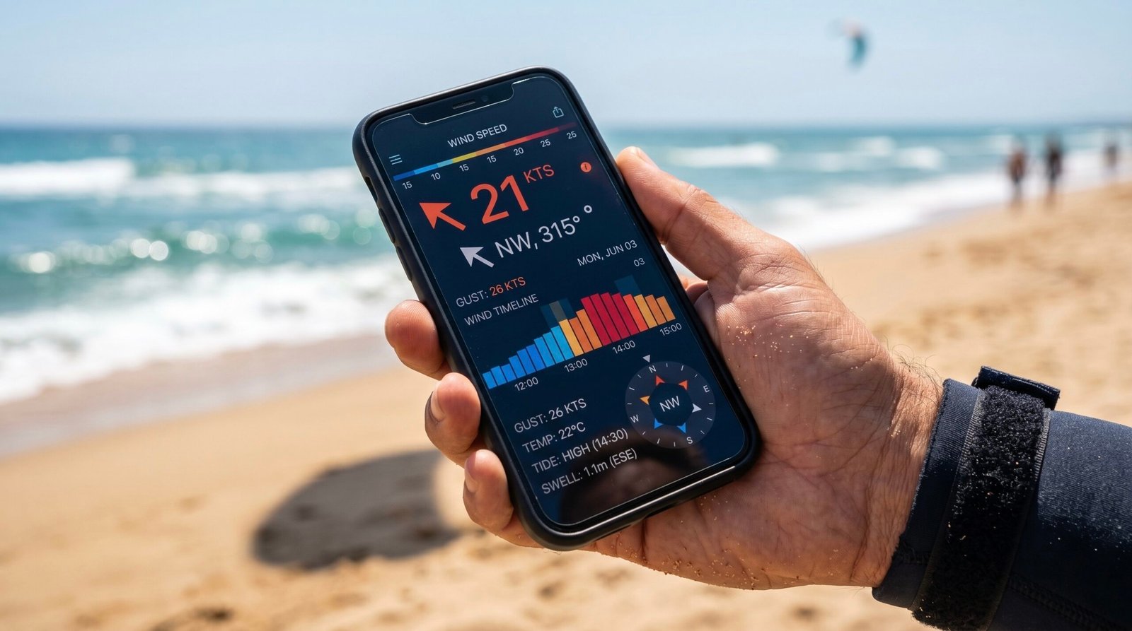 Checking a digital wind forecast for kitesurfing on a mobile app